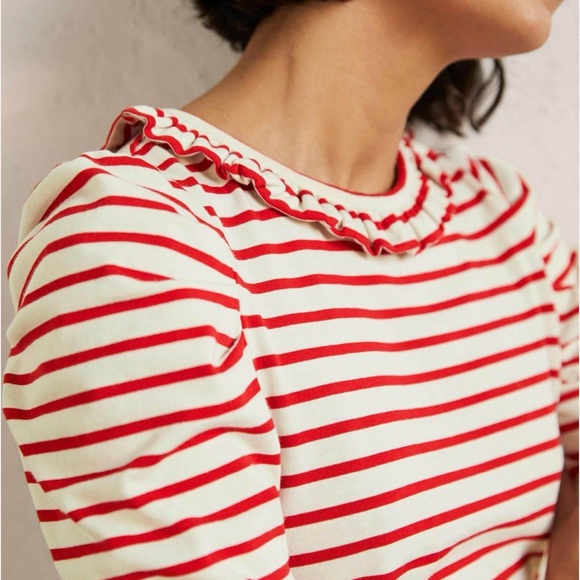 Boden Tops - Women’s Boden Ivory & Red Striped Puff Sleeve Frill Neck Top Size 12